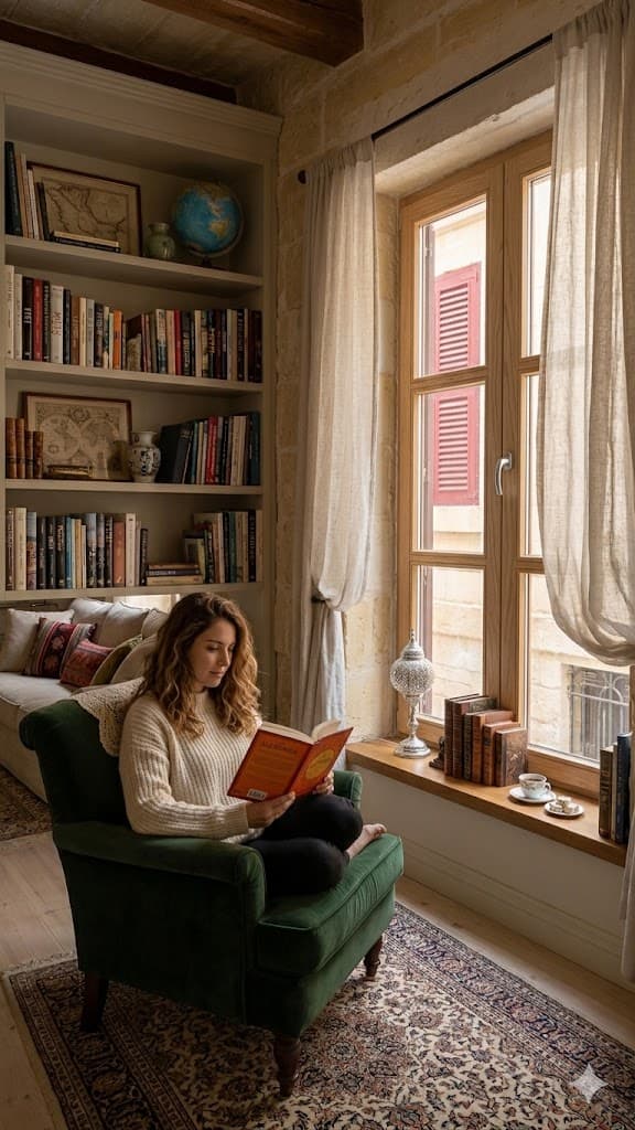 Warm timber window with a wooden frame beside a reading chair in a Maltese interior