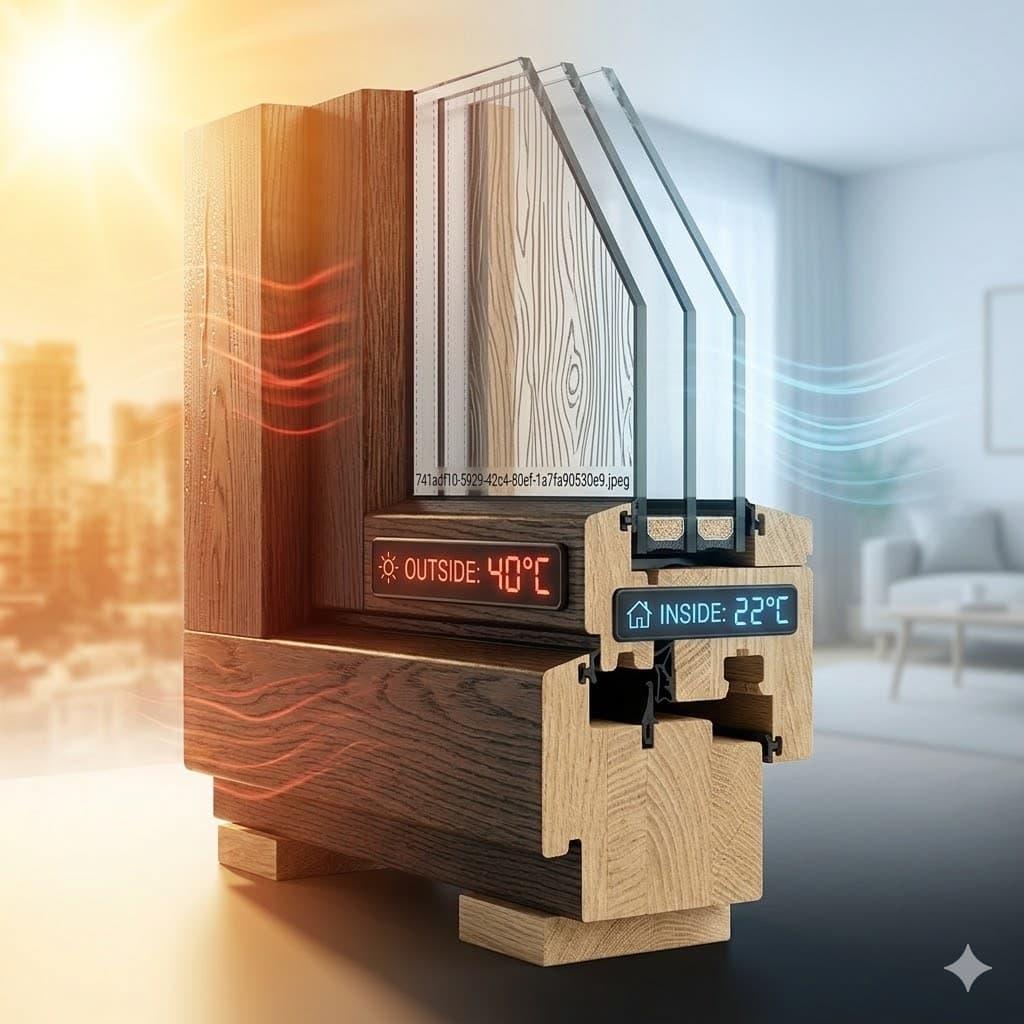 Thermal-performance timber window section showing reduced heat transfer